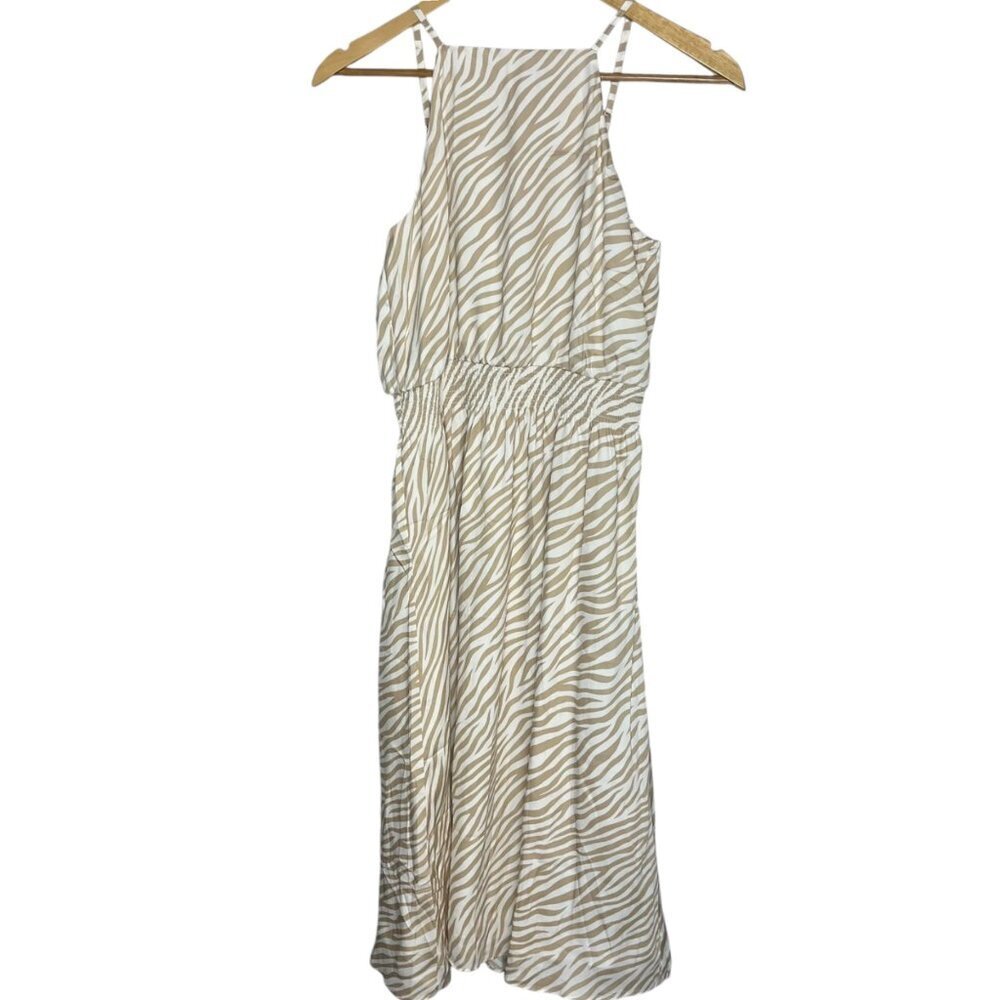 Ann Taylor Women's S Petite High Neck Blouson Midi Dress Beige Tan Zebra Print‎